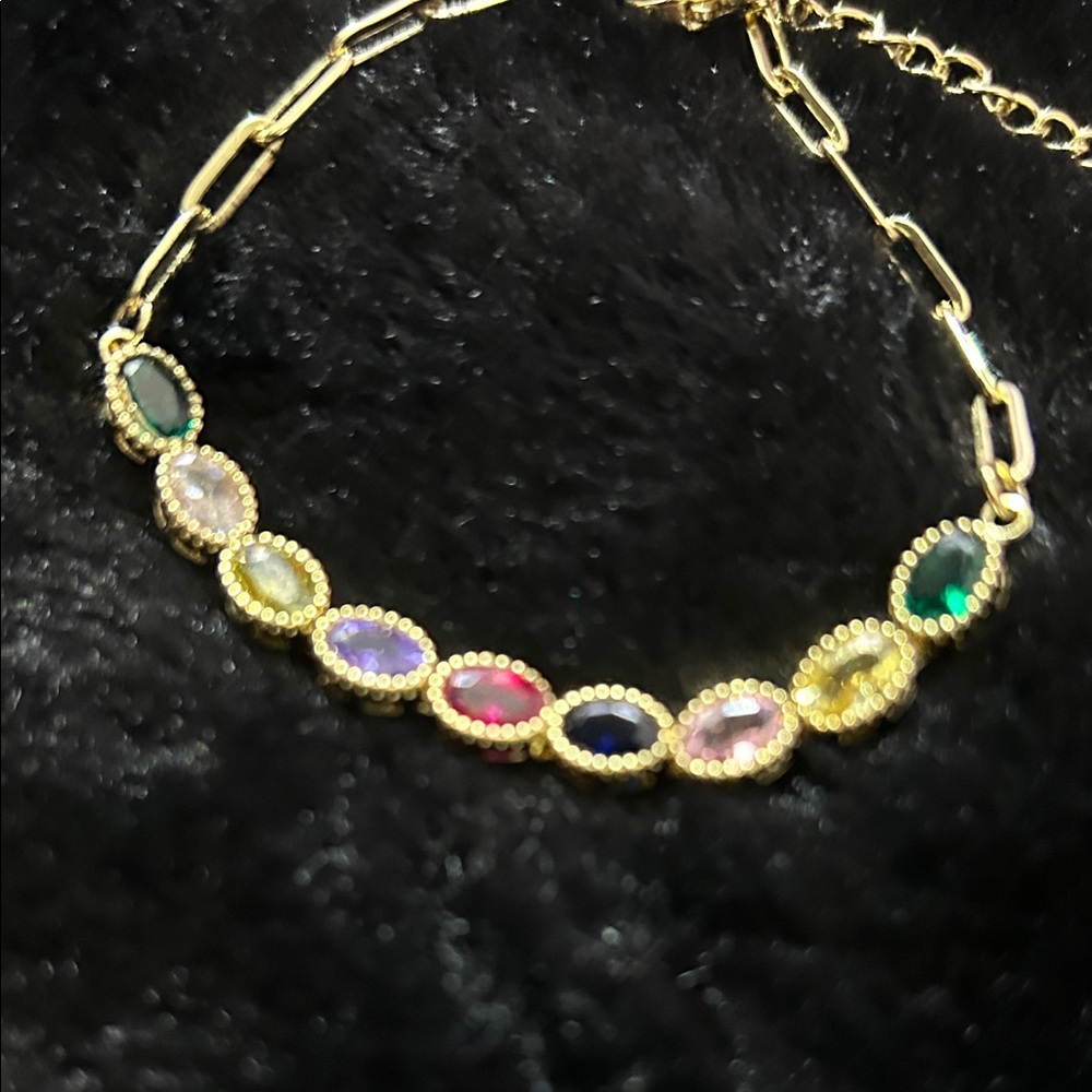 Multicolor Gemstone 14k Gold Plated Chain Bracelet NEW